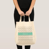 Lt Gray Wht Chevron Aqua Turquoise Naam Monogram Tote Bag (Voorkant (product))
