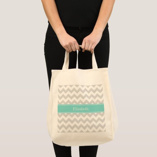 Lt Gray Wht Chevron Aqua Turquoise Naam Monogram Tote Bag (Voorkant (product))