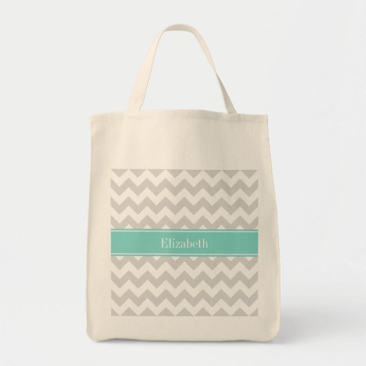 Lt Gray Wht Chevron Aqua Turquoise Naam Monogram Tote Bag (Voorkant)