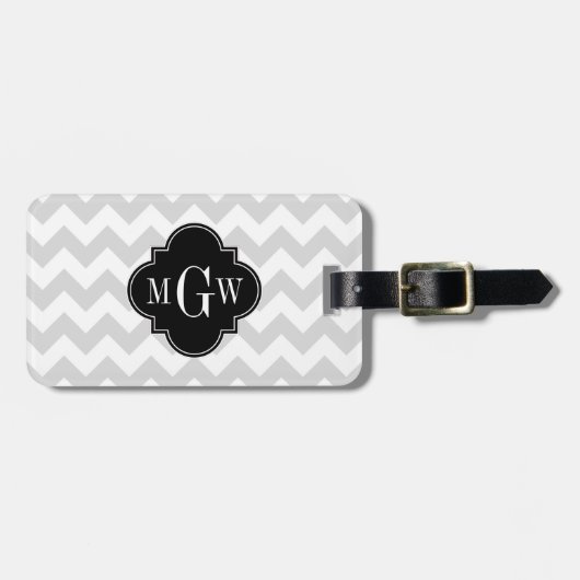 Lt Gray Wht Chevron Black Quatrefoil 3 Monogram Bagagelabel (Voorkant horizontaal)