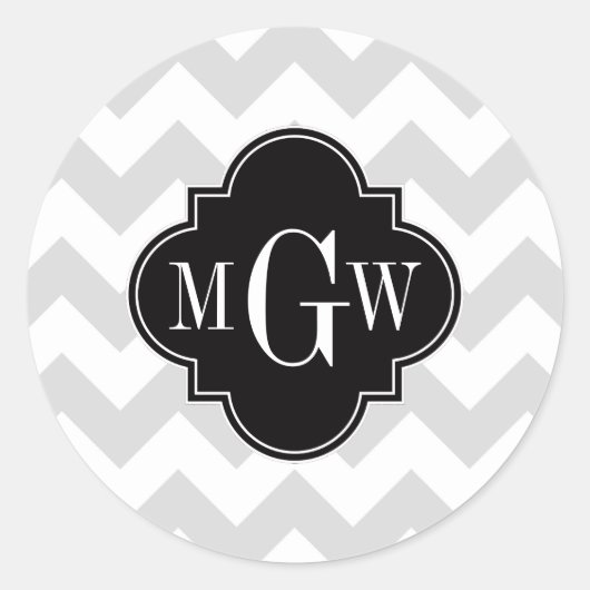 Lt Gray Wht Chevron Black Quatrefoil 3 Monogram Ronde Sticker (Voorkant)