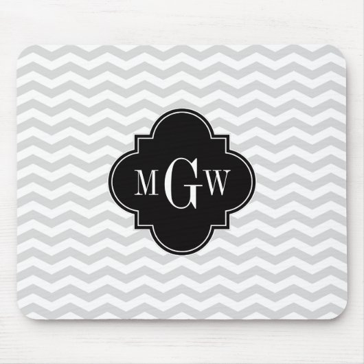 Lt Gray Wht Chevron Black Quatrefoil 3 Monogram Tn Muismat (Voorkant)