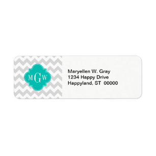 Lt Gray Wht Chevron Blauwgroen Quatrefoil 3 Monogr Etiket