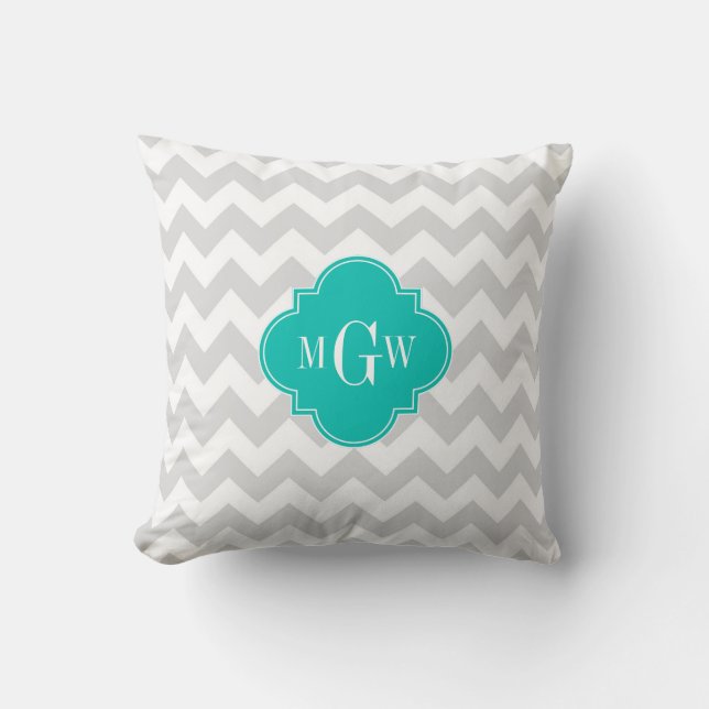 Lt Gray Wht Chevron Blauwgroen Quatrefoil 3 Monogr Kussen (Voorkant)