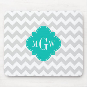 Lt Gray Wht Chevron Blauwgroen Quatrefoil 3 Monogr Muismat