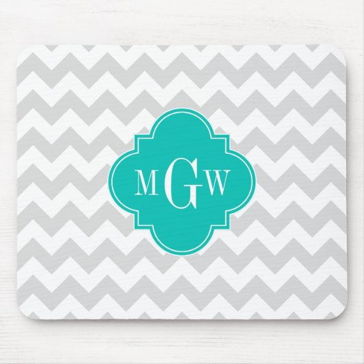 Lt Gray Wht Chevron Blauwgroen Quatrefoil 3 Monogr Muismat (Voorkant)