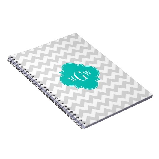 Lt Gray Wht Chevron Blauwgroen Quatrefoil 3 Monogr Notitieboek (Rechterzijde)