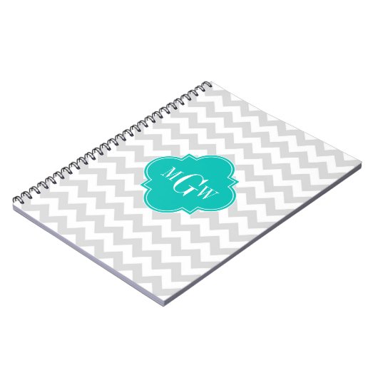 Lt Gray Wht Chevron Blauwgroen Quatrefoil 3 Monogr Notitieboek (Linkerzijde)