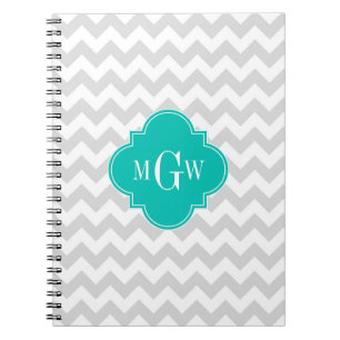 Lt Gray Wht Chevron Blauwgroen Quatrefoil 3 Monogr Notitieboek