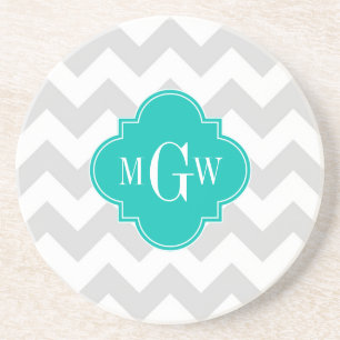 Lt Gray Wht Chevron Blauwgroen Quatrefoil 3 Monogr Zandsteen Onderzetter
