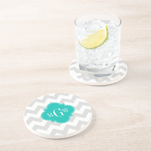 Lt Gray Wht Chevron Blauwgroen Quatrefoil 3 Monogr Zandsteen Onderzetter (Zijkant)