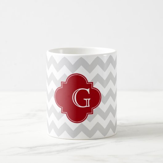 Lt Gray Wht Chevron Cranberry Quatrefoil Monogram Koffiemok (Center)