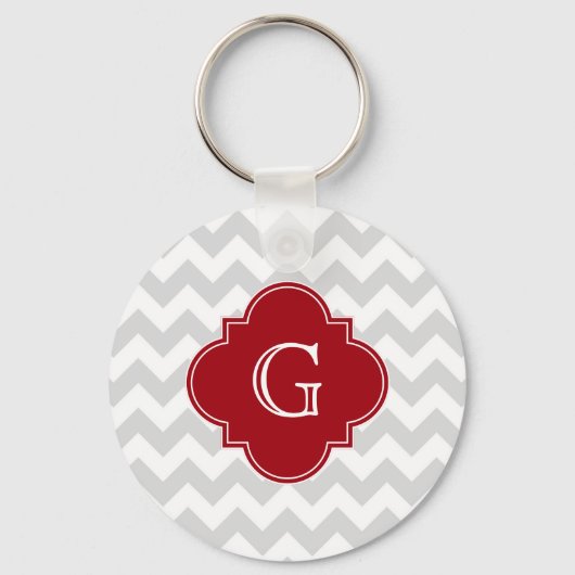 Lt Gray Wht Chevron Cranberry Quatrefoil Monogram Sleutelhanger (Voorkant)