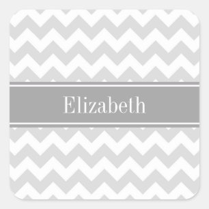 Lt Gray Wht Chevron Gray Name Monogram Vierkante Sticker