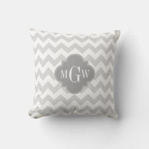 Lt Gray Wht Chevron Gray Quatrefoil 3 Monogram Kussen