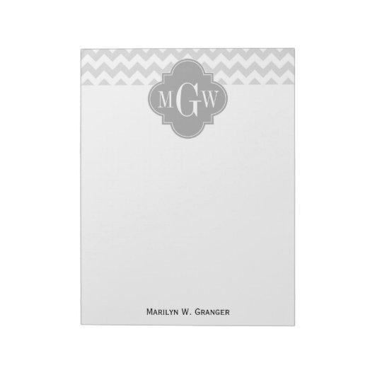 Lt Gray Wht Chevron Gray Quatrefoil 3 Monogram Notitieblok (Linkerzijde)