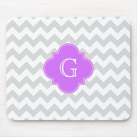 Lt Gray Wht Chevron Lila Quatrefoil Monogram Muismat (Voorkant)