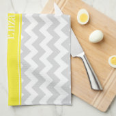 Lt Gray Wht Chevron Yellow Name Monogram Theedoek (Quarter Fold)