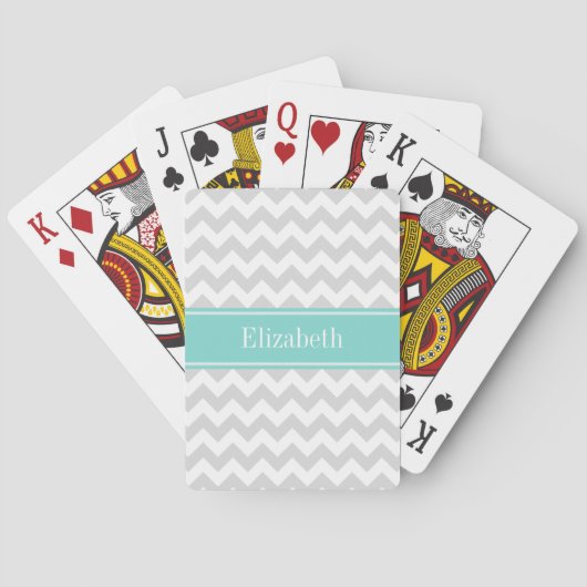 Lt Gray Wht Chevron ZigZag Aqua Naam Monogram Pokerkaarten (Achterkant)