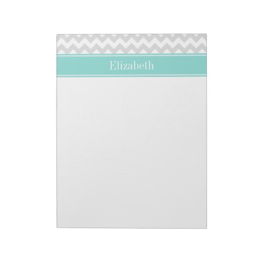 Lt Gray Wht Chevron ZigZag Aqua Name Monogram Notitieblok (Linkerzijde)