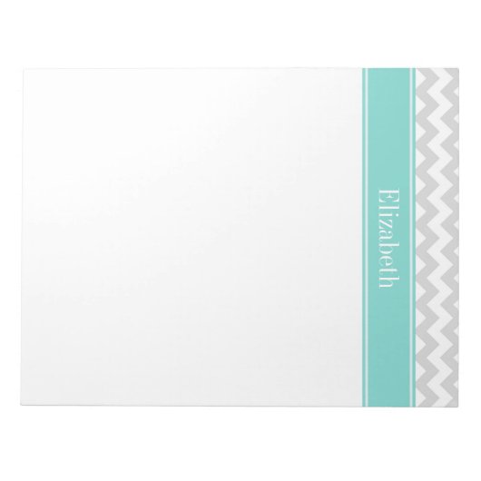 Lt Gray Wht Chevron ZigZag Aqua Name Monogram Notitieblok (Voorkant)
