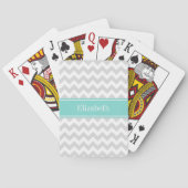 Lt Gray Wht Chevron ZigZag Aqua Name Monogram Pokerkaarten (Achterkant)