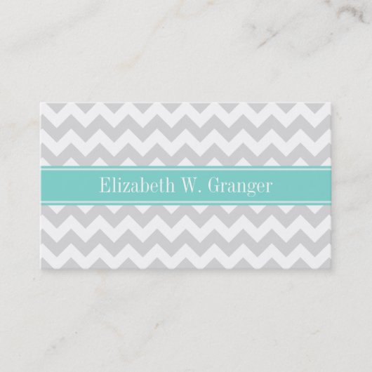 Lt Gray Wht Chevron ZigZag Aqua Name Monogram Visitekaartje (Voorkant)