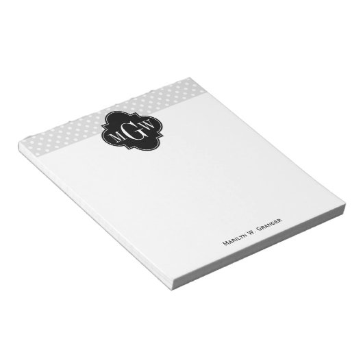 Lt Gray Wht Polka Dots Black Quatrefoil 3 Monogram Notitieblok (Schuin)
