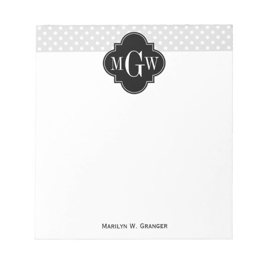 Lt Gray Wht Polka Dots Black Quatrefoil 3 Monogram Notitieblok (Voorkant)