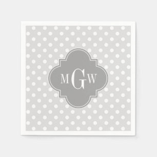Lt Gray Wht Polka Dots Gray Quatrefoil 3 Monogram Servet