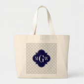 Lt Gray Wht Polka Dots Navy Quatrefoil 3 Monogram Grote Tote Bag (Voorkant)