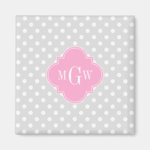 Lt Gray Wht Polka Dots Pink Quatrefoil 3 Monogram Magneet