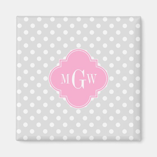 Lt Gray Wht Polka Dots Pink Quatrefoil 3 Monogram Magneet (Voorkant)