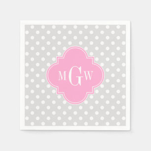 Lt Gray Wht Polka Dots Pink Quatrefoil 3 Monogram Servetten