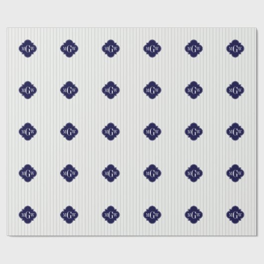 Lt Gray Wht UE Stripe Navy Quatrefoil 3 Monogram Cadeaupapier (Vlak)