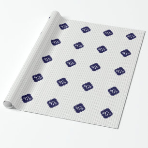 Lt Gray Wht UE Stripe Navy Quatrefoil 3 Monogram Cadeaupapier