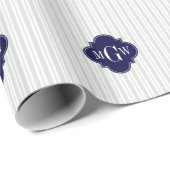 Lt Gray Wht UE Stripe Navy Quatrefoil 3 Monogram Cadeaupapier (Rol Hoek)