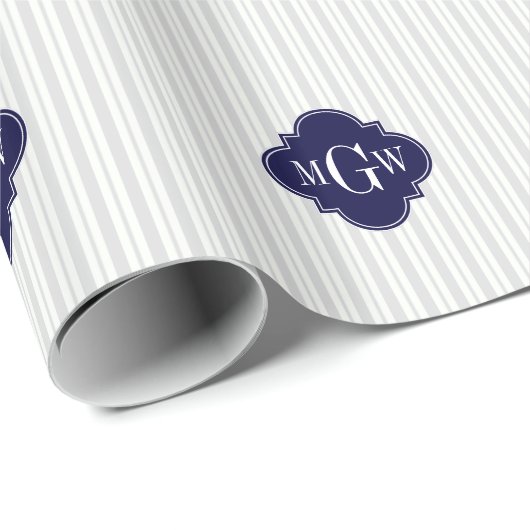 Lt Gray Wht UE Stripe Navy Quatrefoil 3 Monogram Cadeaupapier (Rol Hoek)
