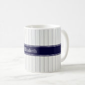 Lt Gray Wht Uneven Stripe Navy Blue Name Monogram Koffiemok (Voorkant rechts)