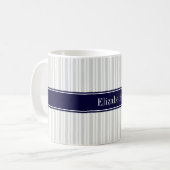 Lt Gray Wht Uneven Stripe Navy Blue Name Monogram Koffiemok (Voorkant links)