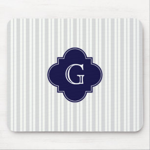 Lt Gray Wht Uneven Stripe Navy Quatrefoil Monogram Muismat