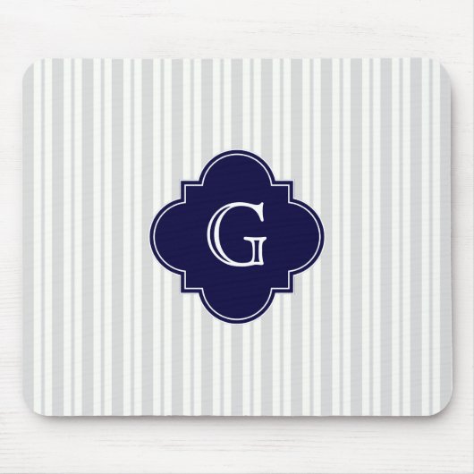 Lt Gray Wht Uneven Stripe Navy Quatrefoil Monogram Muismat (Voorkant)