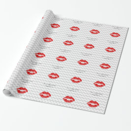 Lt Gray Witte Chevrons, Rode Lippenstift Kus Cadeaupapier