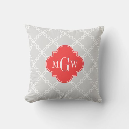 Lt Gray Witte Fancy Quatrefoil 3 Initiaal Monogram Kussen (Voorkant)