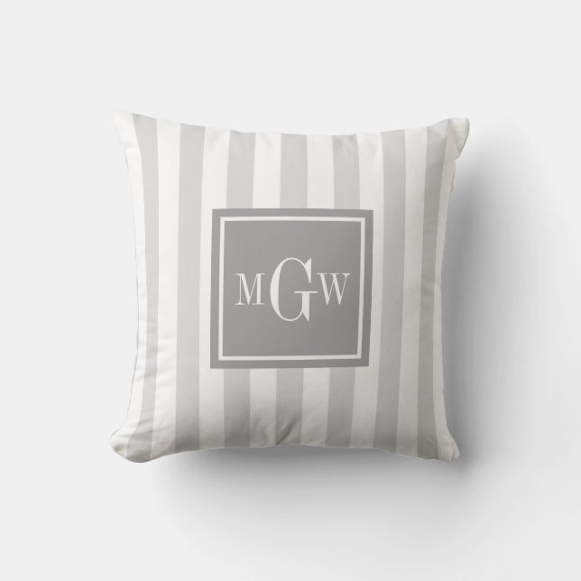 Lt Gray Witte Streep Grijs Vierkant 3 Monogram Kussen (Voorkant)