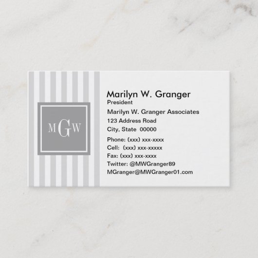 Lt Gray Witte Streep Grijs Vierkant 3 Monogram Visitekaartje (Voorkant)