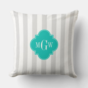 Lt Gray Witte Streep Teal Quatrefoil 3 Monogram Kussen