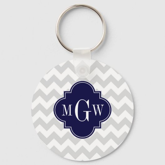 Lt Gray Wt Chevron Navy Blue Quatrefoil 3 Monogram Sleutelhanger (Voorkant)