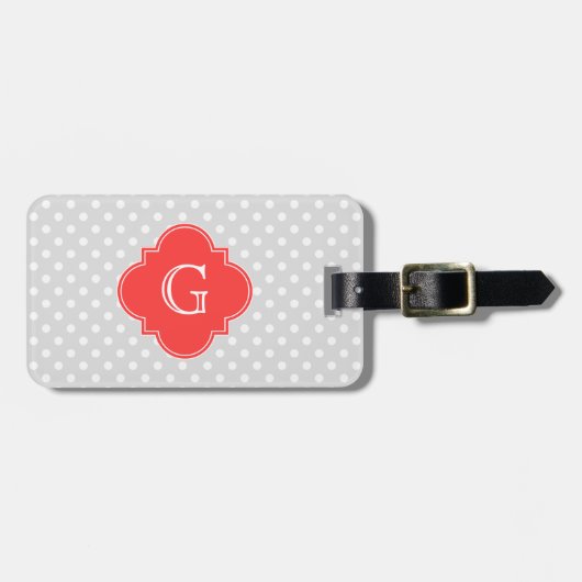 Lt Gray Wt Polka Dot Coral Red Quatrefoil Monogram Bagagelabel (Voorkant horizontaal)