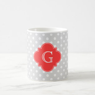 Lt Gray Wt Polka Dot Coral Red Quatrefoil Monogram Koffiemok